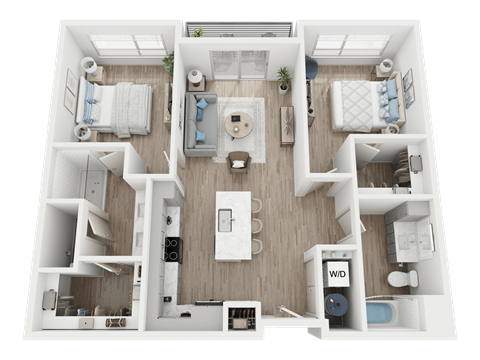 A top-down view of a small apartment layout with a kitchen, living room, and bathroom.